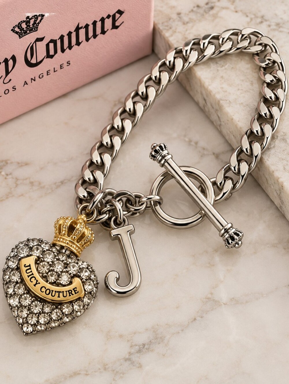 Juicy Couture Y2K Pavé Crystal Heart Crown Toggle Charm Bracelet 8" NWT